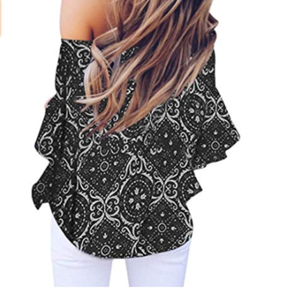 Floral Off Shoulder Flare Sleeve Blouse Top - Picture 4 of 4